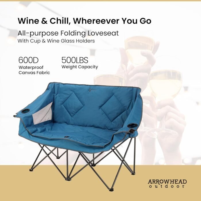 ARROWHEAD OUTDOOR Portable Folding Double Duo Camping Chair Loveseat w/ 2 Cup & Wine Glass Holder, Heavy-Duty Carrying Bag, Padded Seats & Armrests, Supports up to 500lbs, USA-Based Support - Image 3