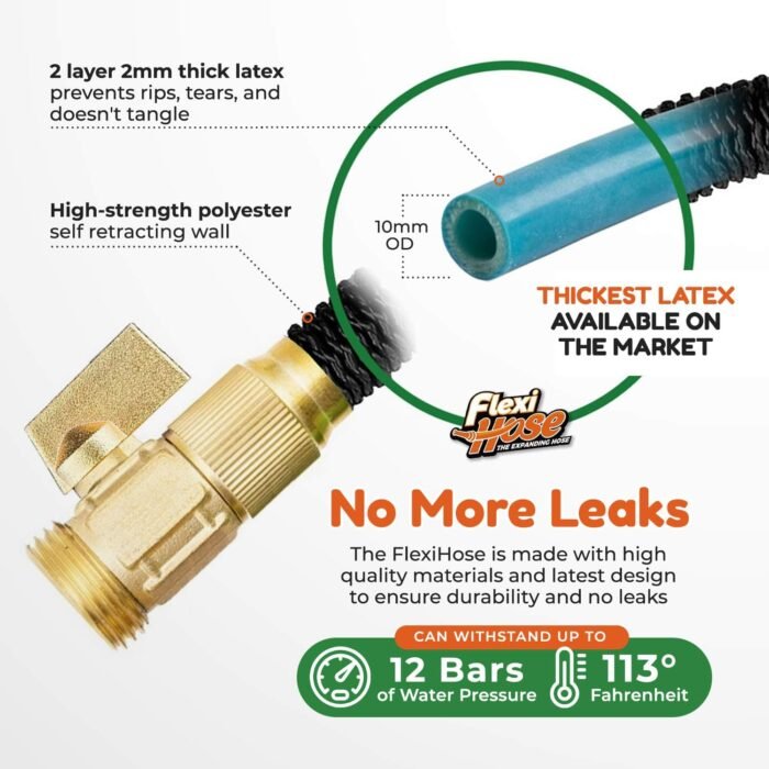 Flexi Hose Lightweight Expandable Garden Hose, No-Kink Flexibility, 3/4 Inch Solid Brass Fittings and Double Latex Core (100 FT, Black) - Image 3