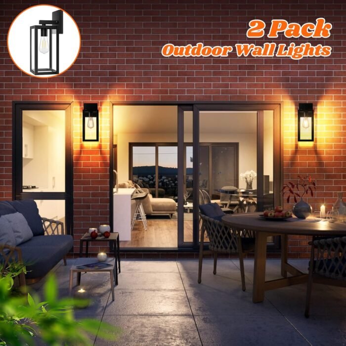 2-Pack Outdoor Light Fixtures Wall Mount, Waterproof Exterior Wall Lanterns with Clear Glass, Anti-Rust Outside Black Wall Sconces, Front Porch Lights for House Garage Doorway, Bulbs Not Included - Image 3