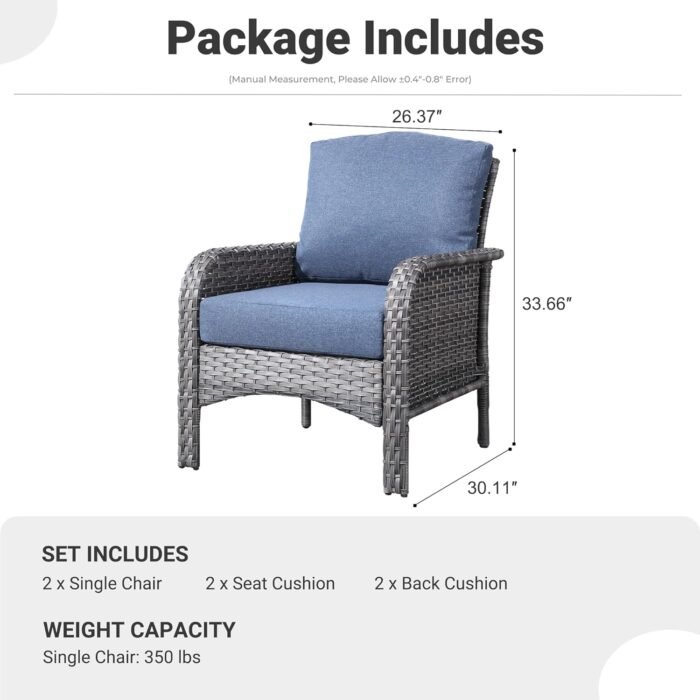 ovios 2 Pieces Patio Furniture Set, Outdoor Wicker Chairs of 2, All Weather High Back Rattan Chairs 2 Seats with Comfy Cushions for Porch Deck, Denim Blue - Image 7