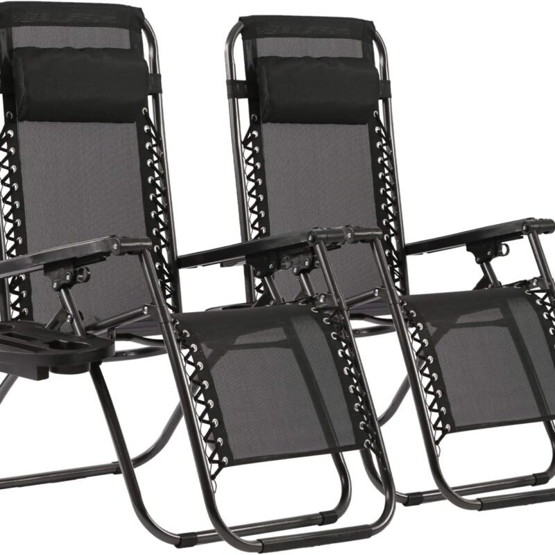 FDW Zero Gravity Lawn Lounge Chairs Set of 2 with Pillow and Cup Holder - Adjustable Reclining Folding Outdoor Chairs for Deck, Beach, Yard