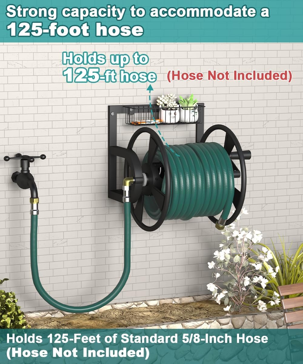 Garden Wall Mounted Hose Reel, Outdoor Heavy-Duty Water Hose Holder Winder, Holds 125 Feet of 5/8-Inch Hose, with 3.9 ft Leader Hose, Brass Fitting and Storage Basket for Yard, Black - Image 4