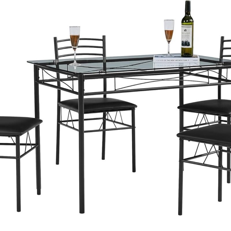 VECELO Kitchen Dining Table and Chairs Set for 4, PU Padded Seat & Glasses Tabletop, Space Saving, Matte Black