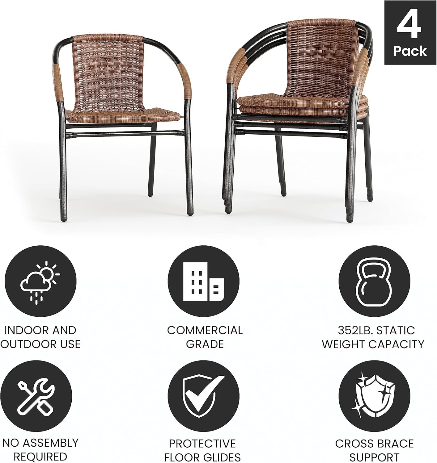 Flash Furniture Lila Modern Rattan Indoor/Outdoor Stackable Dining Chairs, Stacking Rattan Bistro Chairs for Patio or Restaurant, Set of 4, Brown - Image 5