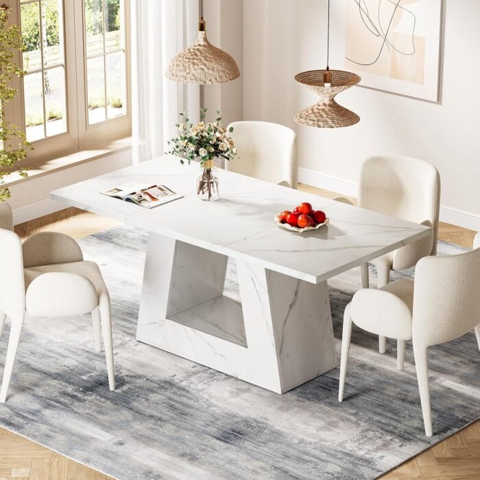 Tribesigns Dining Table for 4 to 6 People, 63" Rectangular Dining Room Table, Modern Wooden Faux Marble Dinner Table with Sturdy Base for Kitchen, Living Room - Image 3