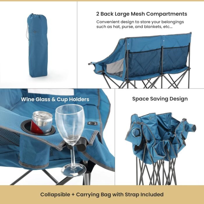 ARROWHEAD OUTDOOR Portable Folding Double Duo Camping Chair Loveseat w/ 2 Cup & Wine Glass Holder, Heavy-Duty Carrying Bag, Padded Seats & Armrests, Supports up to 500lbs, USA-Based Support - Image 5