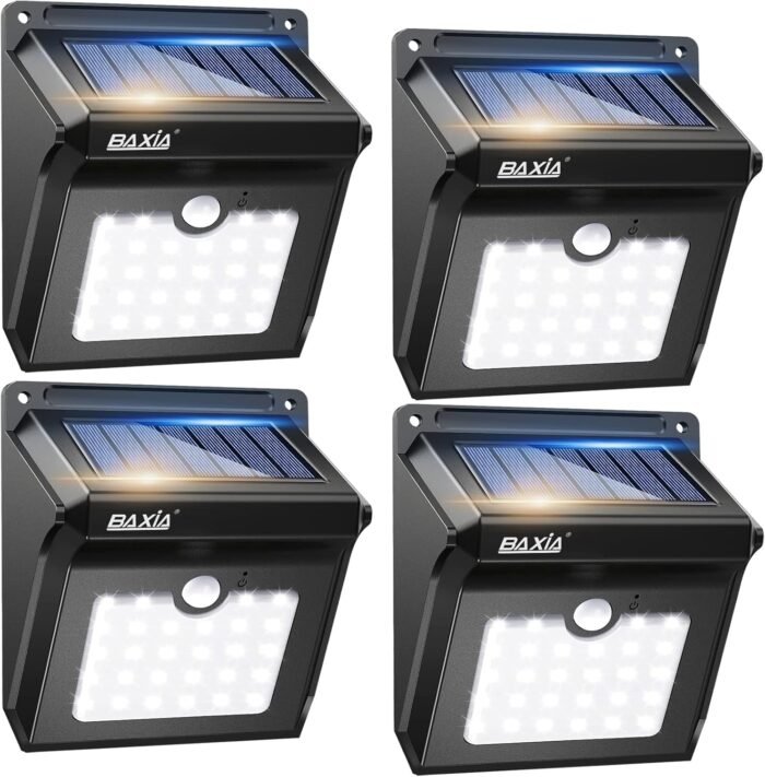 BAXIA TECHNOLOGY Solar Outdoor Lights Wireless Security Motion Sensor Outdoor Lights Solar Lights Outdoor Waterproof for Front Door,Backyard,Steps,Garage,Garden (400LM,4 Packs)