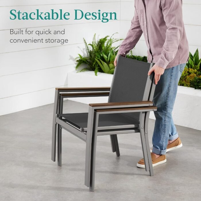 Best Choice Products Set of 2 Stackable Outdoor Textilene Chairs, All-Weather Conversation Dining Accent Furniture w/Armrests - Taupe/Charcoal - Image 5