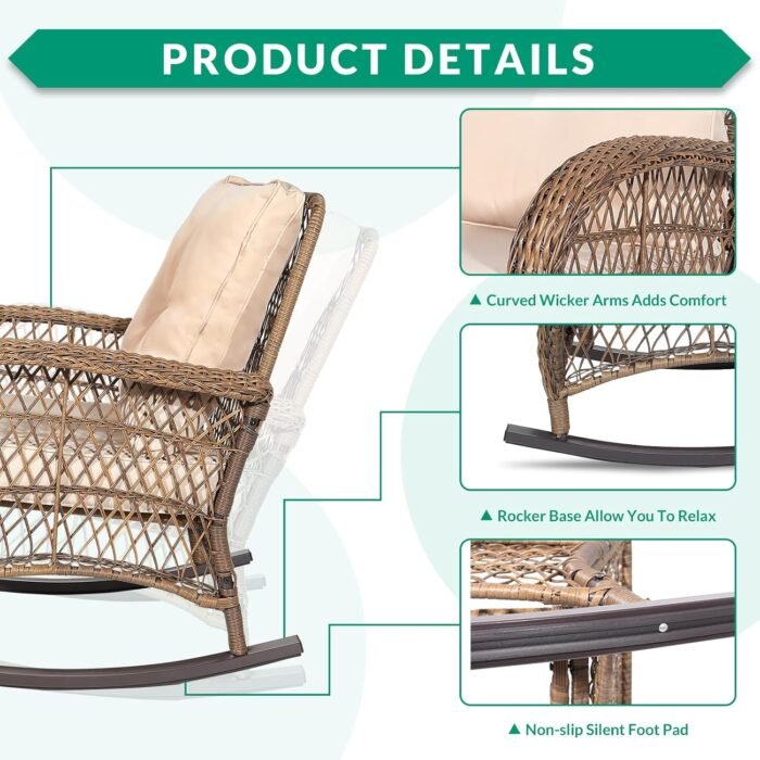 VIVIJASON Outdoor Wicker Rocking Chair, Patio Rattan Rocker Chair with Cushions & Steel Frame, All-Weather Rocking Lawn Wicker Furniture for Garden Backyard Porch (Beige) - Image 5