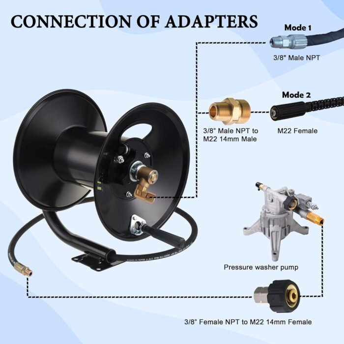 M MINGLE High Pressure Washer Hose Reel 150ft, Heavy Duty Steel Hose Reel, Manual Crank Power Washer Hose Reel with 3/8" Pressure Wash Whip Hose, Swivel Arm and Mounting Bracket, 4000 PSI - Image 4