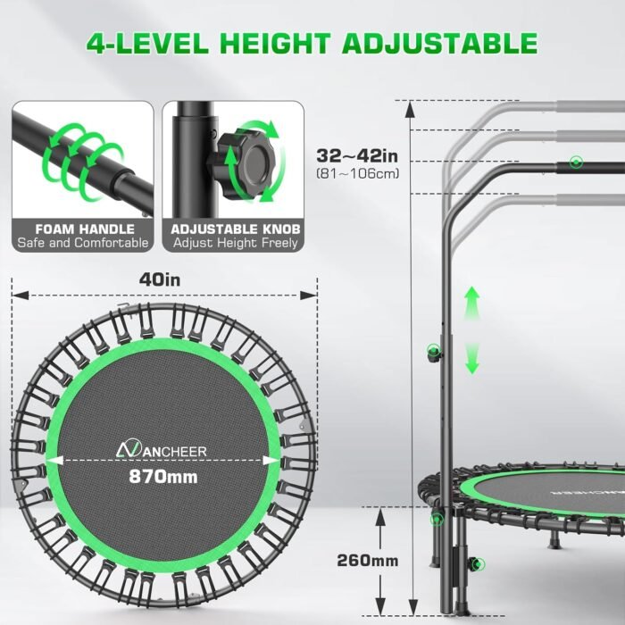 Mini Trampoline for Adults, ANCHEER Indoor Trampoline with Bungees 450/550 lbs Max Load with 4 Level Adjustable Handle Bar 40''/48'' Foldable Trampoline Kid Adult with Reinforced Stitching - Image 3