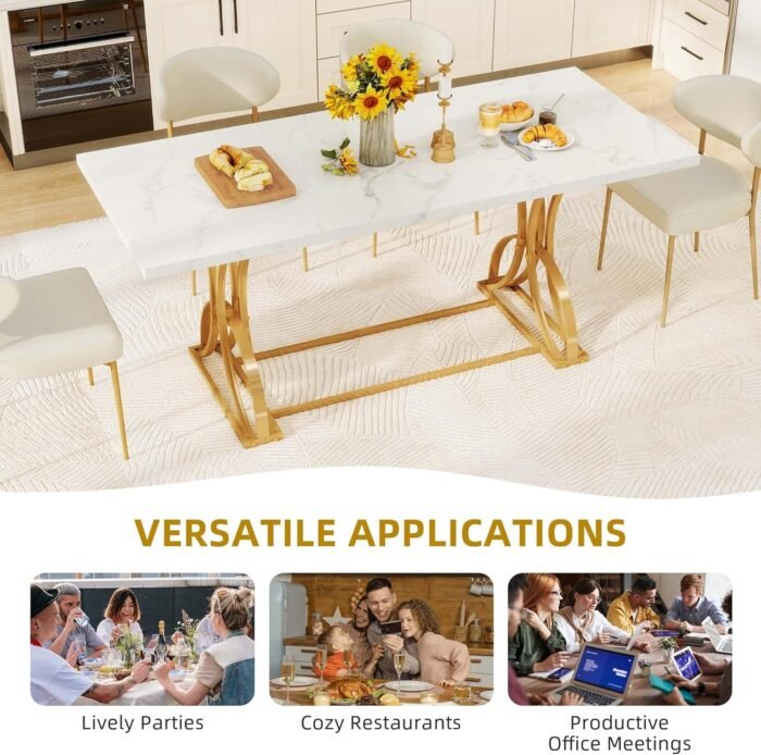 DWVO 70.3" Large Modern Dining Table for 6-8 People Rectangular White Kitchen Dining Room Table with Faux Marble Tabletop and Gold Geometric Metal Legs Farmhouse Wood Dinner Tables, White and Gold - Image 5
