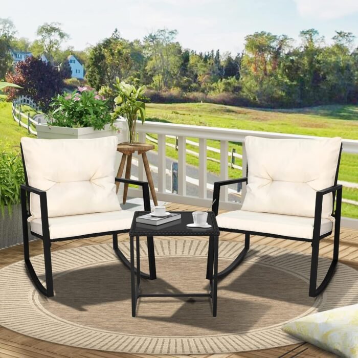 SUNCROWN 3 Piece Outdoor Rocking Bistro Set Black Wicker Furniture Porch Chairs Conversation Sets with Glass Coffee Table, Beige - Image 4