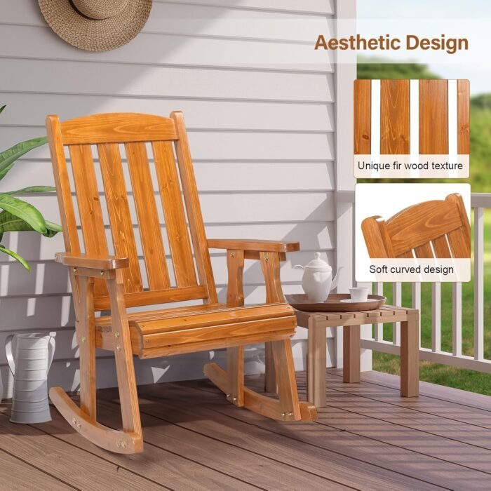 VINGLI Outdoor Rocking Chair, Heavy Duty 600 LBS Wooden Rocking Chair with Comfortable Backrest, Weatherproof Patio Rocker with Ergonomic Design, Solid Fir Wood Rocking Chair for Patio, Garden, Teak - Image 6