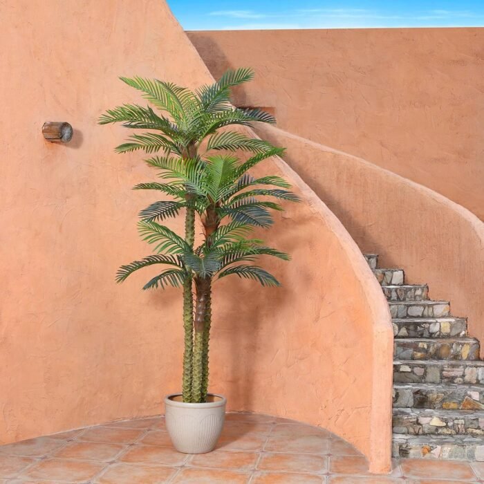 10ft Outdoor Artificial Palm Tree - UV Resistant Tall Fake Tropical Golden Cane Plant for Patio, Poolside, Lawn, Indoor Decor - Large Faux Palm Tree, Set of 1 - Image 4