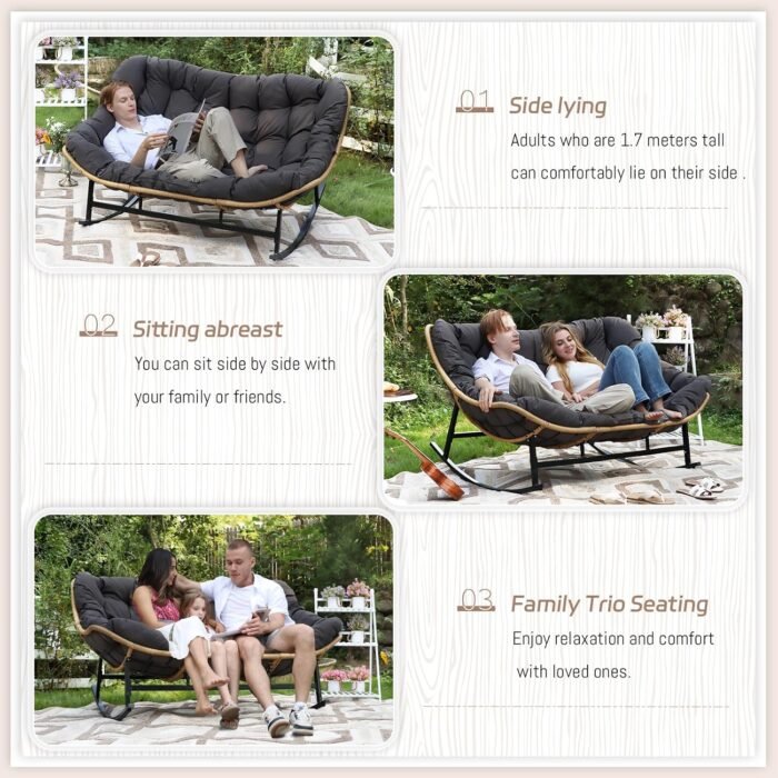 BULEXYARD Dark Grey Double Outdoor Rocking Papasan Chair, Oversized PE Wicker 2 Person Patio Rocking Egg Chair with Thick Cushion, Large Indoor Rocker Loveseat Chair - Image 6