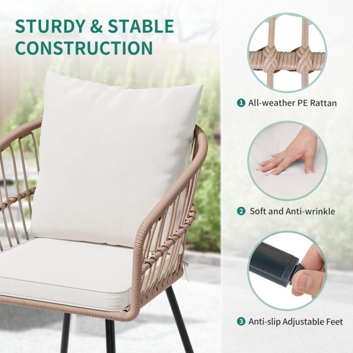 YITAHOME 3 Pieces Outdoor Wicker Patio Conversation Bistro Set, All-Weather Rattan Patio Furniture Set with Table & Cushions, Outdoor Sectional Sofa for Patio, Balcony, Backyard, Deck - Image 5