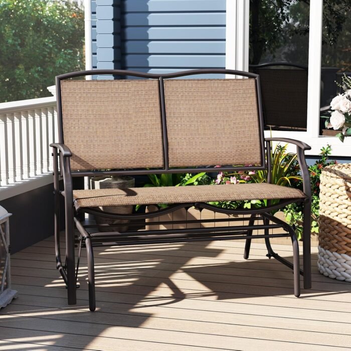 Giantex Patio Glider, 2-Person Outdoor Rocking Chair with Metal Frame and Breathable Fabric, Load 400 Lbs, Heavy-Duty Swing Bench, Loveseat, Outside Rocker for Porch, Garden and Backyard (Brown) - Image 5