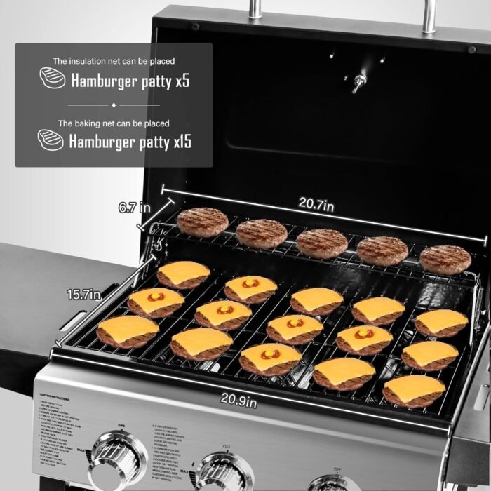 MASTER COOK 3 Burner BBQ Propane Gas Grill, Stainless Steel 30,000 BTU Patio Garden Barbecue Grill with Two Foldable Shelves - Image 3