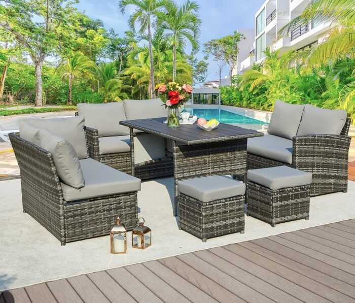 AECOJOY Patio Furniture Set, 7 Pieces Outdoor Patio Furniture with Dining Table&Chair, All Weather Wicker Conversation Set with Ottoman,Grey - Image 2