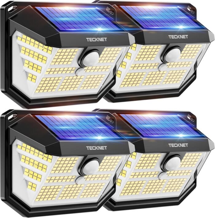 TECKNET 231 LED Motion Sensor Outdoor Lights, 4 Pack, 300° Solar Security Wall Lights, 3 Lighting Modes, IP65 Waterproof, PIR Motion Sensor for Outside, Fence, Garden, Yard, Deck, Garage - Cool White