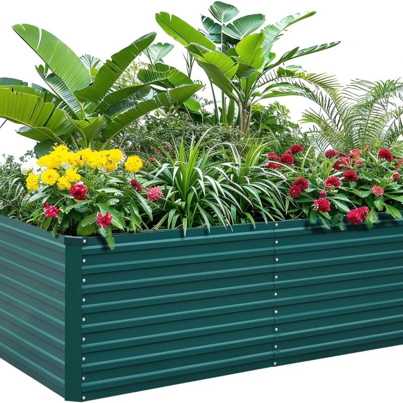 Raised Garden Bed Kit-6x3x2ft-Galvanized Steel-Ideal for Vegetables, Flowers, Herbs-Large Deep Root Planter Box-Tall Design-Includes 3ft x 30ft Weed Barrier Fabric and 1 Pair of Gloves-Green