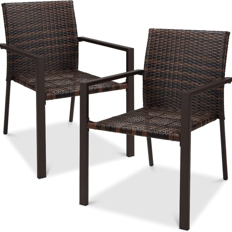 Best Choice Products Set of 2 Stackable Outdoor Wicker Dining Chairs All-Weather Firepit Armchair w/Armrests, Steel Frame for Patio, Deck, Garden, Yard - Brown