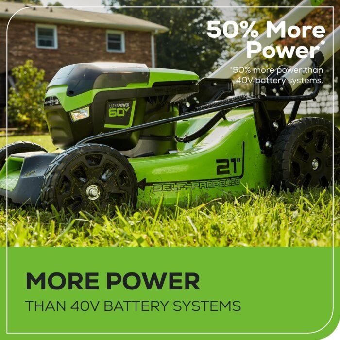 Greenworks 60V 21” Cordless (Self-Propelled) Lawn Mower (LED Lights + Aluminum Handles), 2 x 4.0Ah Batteries and Dual Port Rapid Charger - Image 6