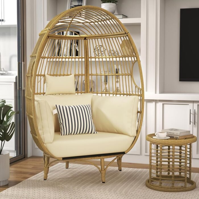YITAHOME 360° Swivel Egg Chair Outdoor, 400lbs Capacity Oversized Patio Rotating Basket Chair, All-Weather Wicker Egg Lounger Chair for Outside Indoor (Beige) - Image 5