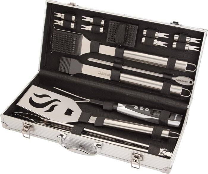Cuisinart Deluxe Grill Tool Set, 20-Piece BBQ Kit with Aluminum Case and Digital Temperature Fork, Spatula, Tongs, Grill Accessories and Utensils, Grilling Set for Cookout