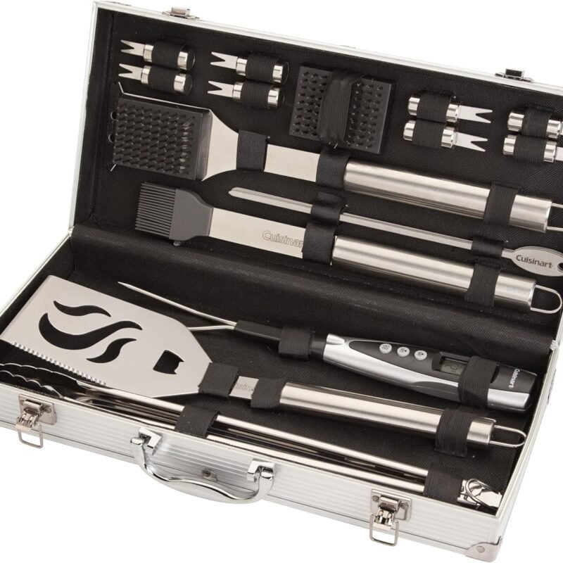 Cuisinart Deluxe Grill Tool Set, 20-Piece BBQ Kit with Aluminum Case and Digital Temperature Fork, Spatula, Tongs, Grill Accessories and Utensils, Grilling Set for Cookout