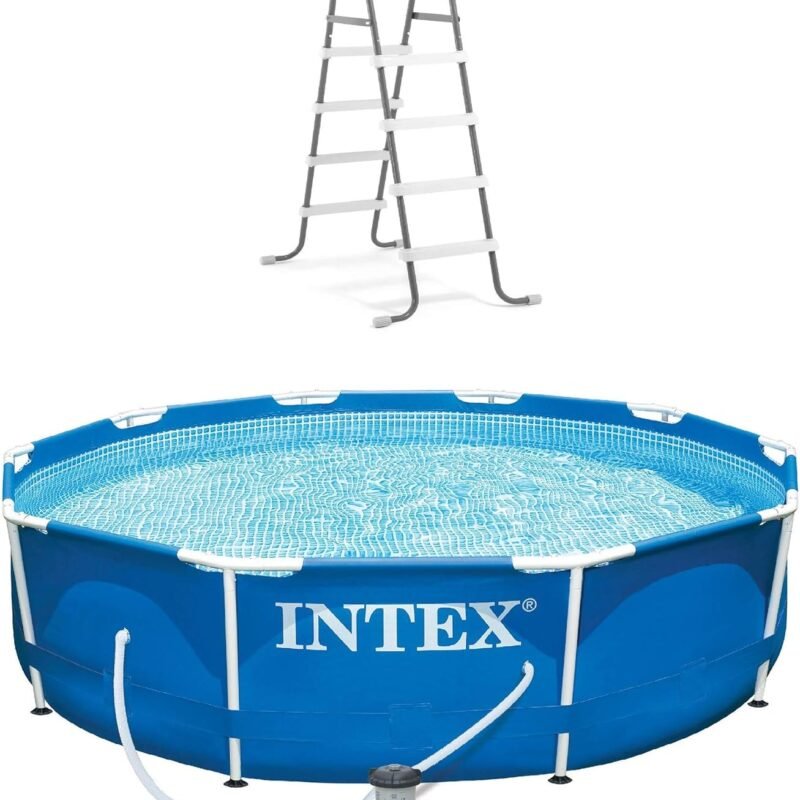 INTEX 10ft x 30in Round Metal Frame Above Ground Pool Set with 330 GPH Filter Pump, Type H Filter Cartridge, and Steel Frame Pool Ladder