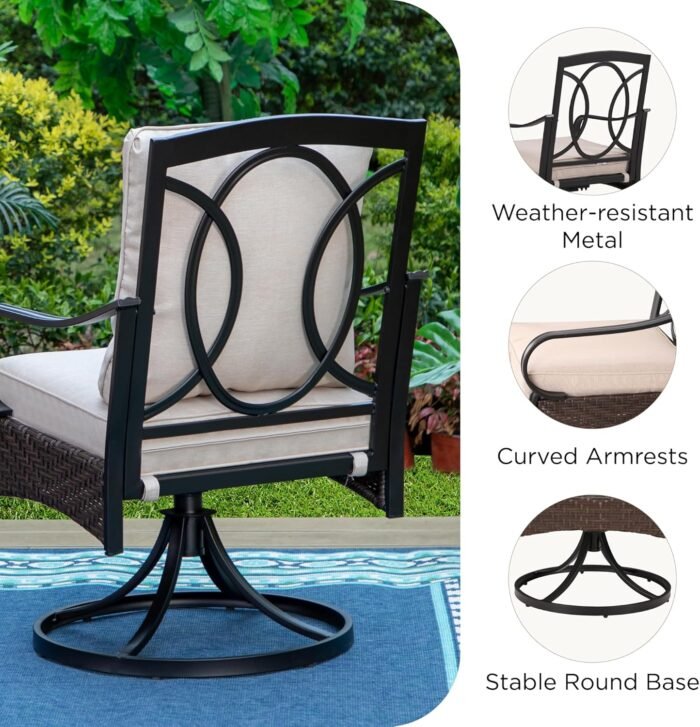 PHI VILLA Patio Swivel Chairs Set of 2, Extra Large All-Weather Outdoor Dining Chair, Gentle Rocking Metal Wicker Frame with Padded Cushions for Lawn, Deck, Garden, Backyard - Image 5