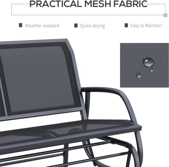 Outsunny 2-Person Outdoor Glider Bench, Patio Double Swing Rocking Chair Loveseat w/Powder Coated Steel Frame for Backyard Garden Porch, Black - Image 4