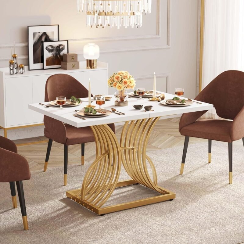 DWVO Modern Dining Table for 4 People 47 Inch Rectangular Kitchen Table with Faux Marble Tabletop and Gold Geometric Legs Small Dinner Table Kitchen & Dining Room Furniture White and Gold