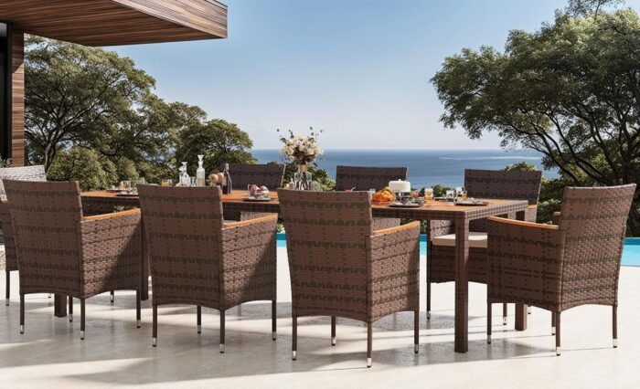 Devoko Outdoor Patio Dining Sets 9 Pieces Wicker Outdoor Dining Table and Chairs Set with Acacia Wood Table Top and Widened Armrests for Backyard, Garden, Deck (Brown) - Image 7