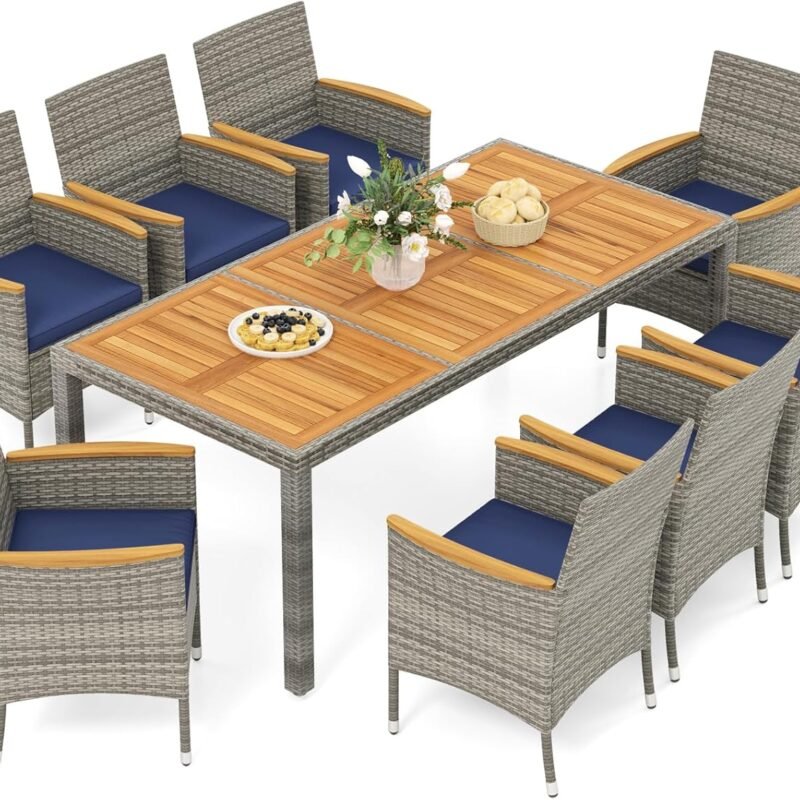 HAPPYGRILL 9 Pieces Patio Dining Set for 8, Outdoor Acacia Wood Table and Rattan Chairs with 2" Umbrella Hole, Cushions, Wicker Outdoor Dining Furniture Set for Backyard, Garden, Deck (Navy)