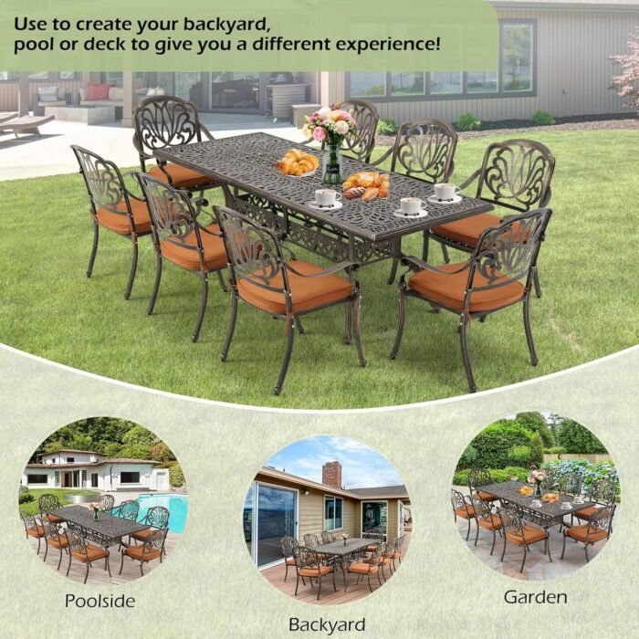 [Hi-End]All Aluminum Patio Furniture Set: 9-Piece Outdoor Dining Set with 8 Cushioned Dining Chairs,Metal Patio Furniture set,Rust-Free and Wind-Proof, 1 Rectangular Patio Table with Umbrella Hole - Image 6