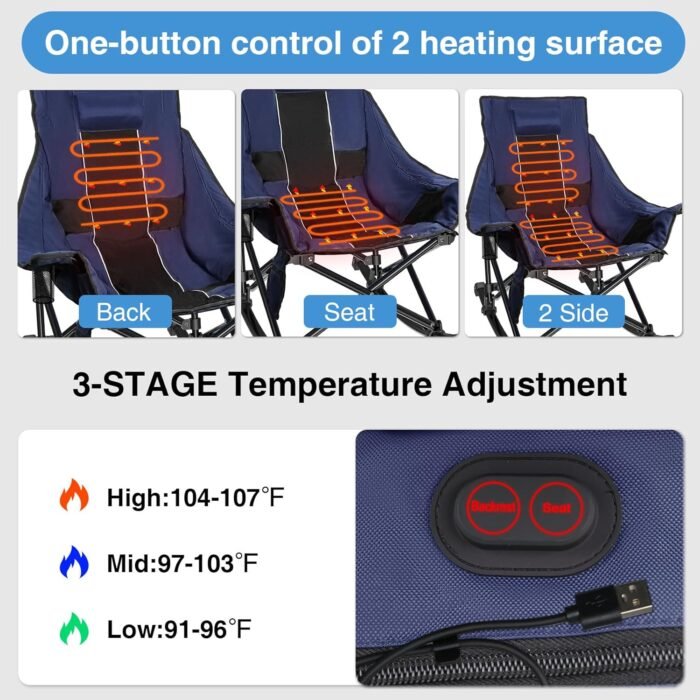 Slendor Oversized Rocking Camping Chair, Heated Camping Chair with 3 Heat Levels, Portable Outdoor Rocker Chair, High Back, Pillow, Carry Bag, Padded, Supports 330 lbs, Navy Blue - Image 4