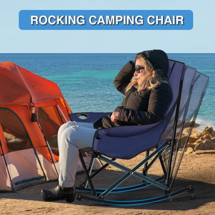 Slendor Oversized Rocking Camping Chair, Heated Camping Chair with 3 Heat Levels, Portable Outdoor Rocker Chair, High Back, Pillow, Carry Bag, Padded, Supports 330 lbs, Navy Blue - Image 3