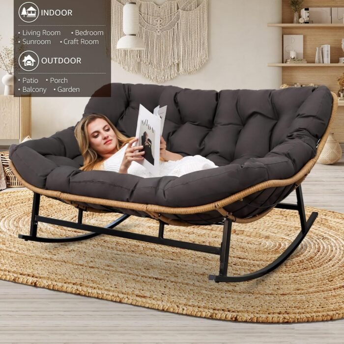 NICESOUL® Double Rocking Papasan Chair Outdoor, XL Size Large Patio Padded Rocking Chair for 2, Comfortable Lounge Egg Rocker, 700 Lbs Wide Big Reading Chair for Backyard, Garden, Porch, Balcony, Grey - Image 4