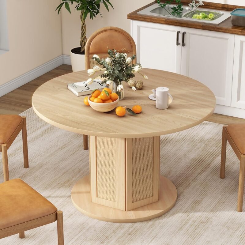 YITAHOME Round Dining Table for 4-6 People Circle Dining Table with Wooden Rattan Base Modern Farmhouse Kitchen Table Round for Dining Room Kitchen Apartment Natural Oak