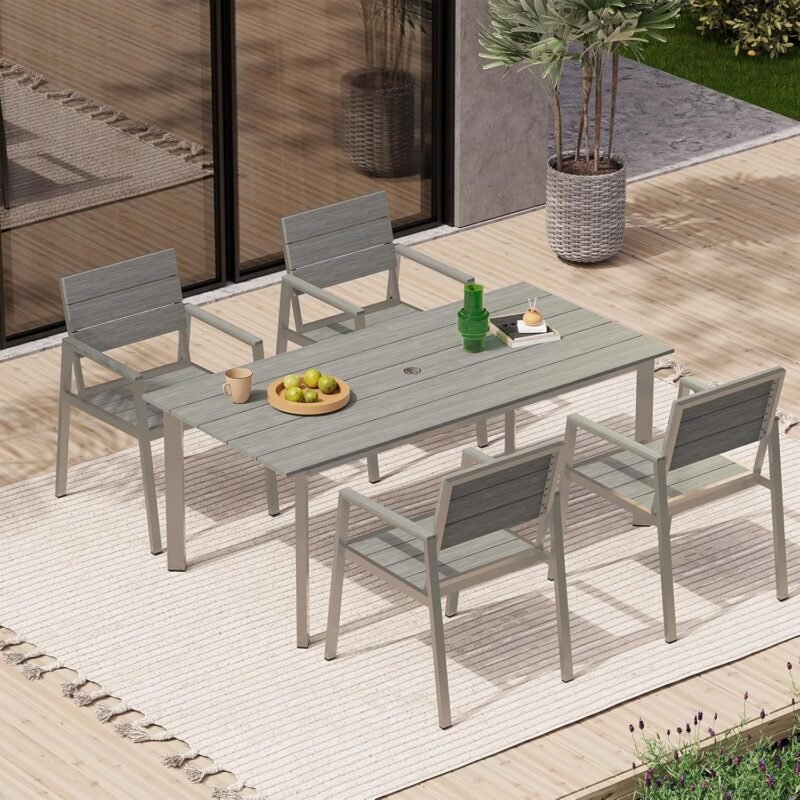 Aluminum Patio Dining Sets 5-Piece Outdoor Dining Sets with Umbrella Hole Wood-like Table and Chairs, Outdoor Furniture Sets all Weather for Garden, Backyard, Lawn, and Poolside, Silver & Gray
