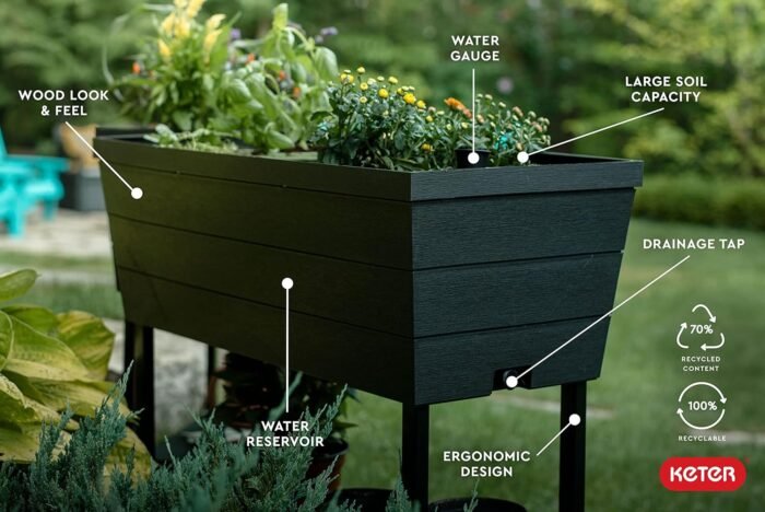 Keter Urban Bloomer 12.7 Gallon Raised Garden Bed and Outdoor Herb Garden Planter with Self Watering Gauge and Drainage Plug, Dark Grey - Image 6