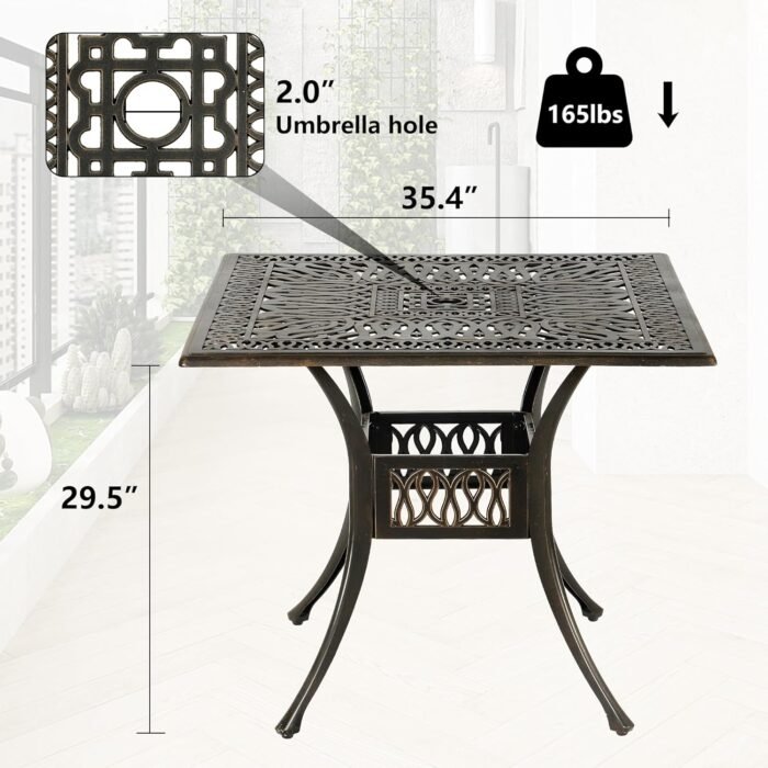 35.4in Square Cast Aluminum Patio Bistro Table, Outdoor Dining Table with 2" Umbrella Hole, Weather-Resistant Table for Porch, Backyard, Garden, Balcony, Bronze (35.4" Square Table) - Image 3