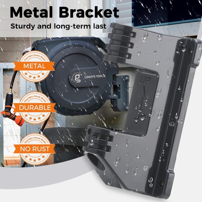 Giraffe Tools AW405/8MB Retractable Garden Hose Reel 5/8" x 90 ft PRO Metal Bracket, Heavy Duty, Any Length Lock Hose Reel, 90ft, Dark Grey - Image 2