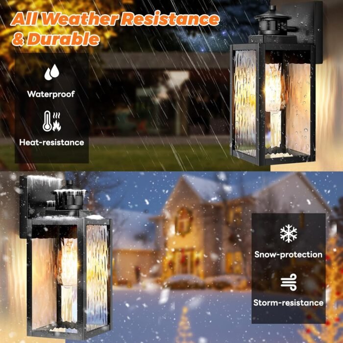 Motion Sensor Outdoor Lights Fixture, Dusk to Dawn Exterior Porch Light Wall Mount with Water-Rippled Glass, Black Modern Outside Wall Sconce Lanterns for House, Garage, Patio, Bulbs Not Included - Image 6
