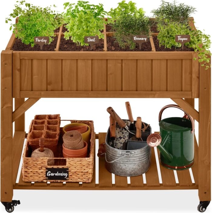 Best Choice Products Elevated 8 Pocket Herb Garden Bed, Mobile Raised Customizable Wood Planter for Herbs, Vegetables, Flowers w/Lockable Wheels, Storage Shelf, Drainage Holes - Acorn Brown
