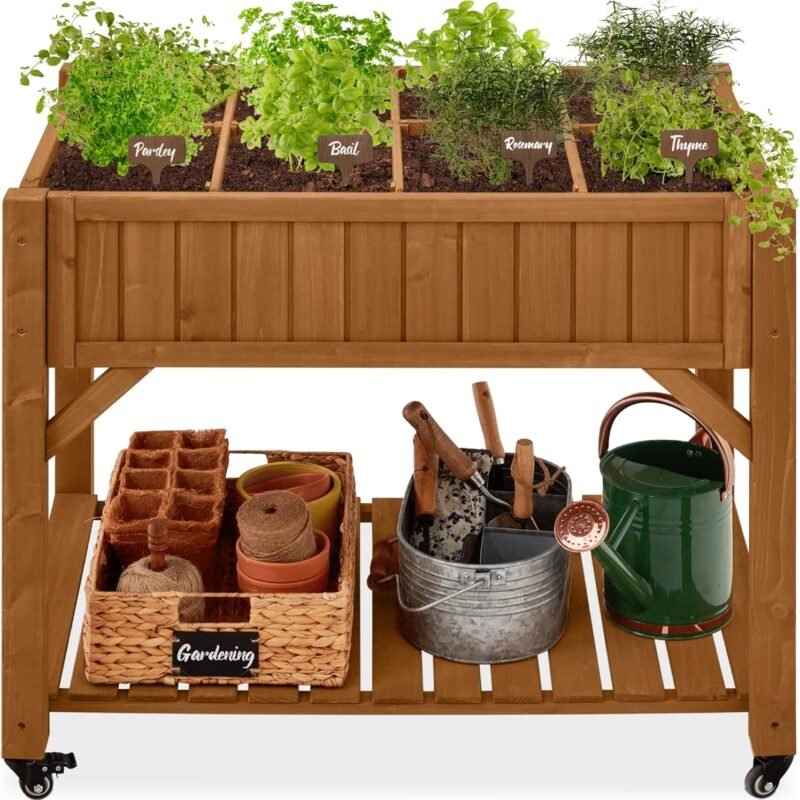 Best Choice Products Elevated 8 Pocket Herb Garden Bed, Mobile Raised Customizable Wood Planter for Herbs, Vegetables, Flowers w/Lockable Wheels, Storage Shelf, Drainage Holes - Acorn Brown