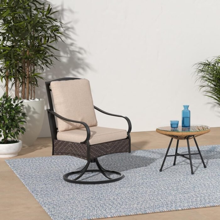PHI VILLA Patio Swivel Chairs Set of 2, Extra Large All-Weather Outdoor Dining Chair, Gentle Rocking Metal Wicker Frame with Padded Cushions for Lawn, Deck, Garden, Backyard - Image 2